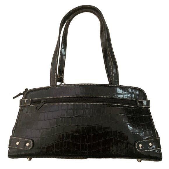 NWT BASS BLACK PATENT FAUX CROCODILE HANDBAG - Picture 1 of 6